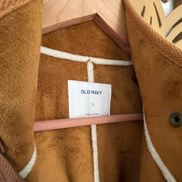 Old Navy Sherpa Coat Jacket Off White Saddle Brown Faux Suede Interior - Picture 4 of 9